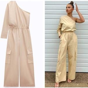 ZARA Cargo Jumpsuit full‎ length one shoulder cream color size M